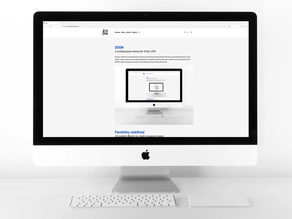 Zoon website theme on imac